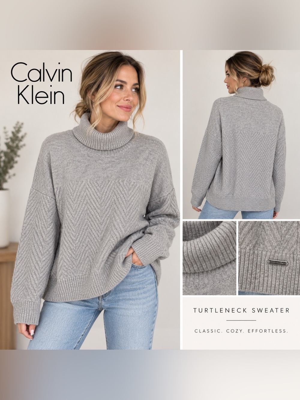 Calvin Klein Gray Cable Knit Turtleneck Sweater – Size Large